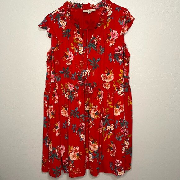 LOFT Red Floral Smocked Swing Tie Neck Dress 18 - Picture 2 of 10